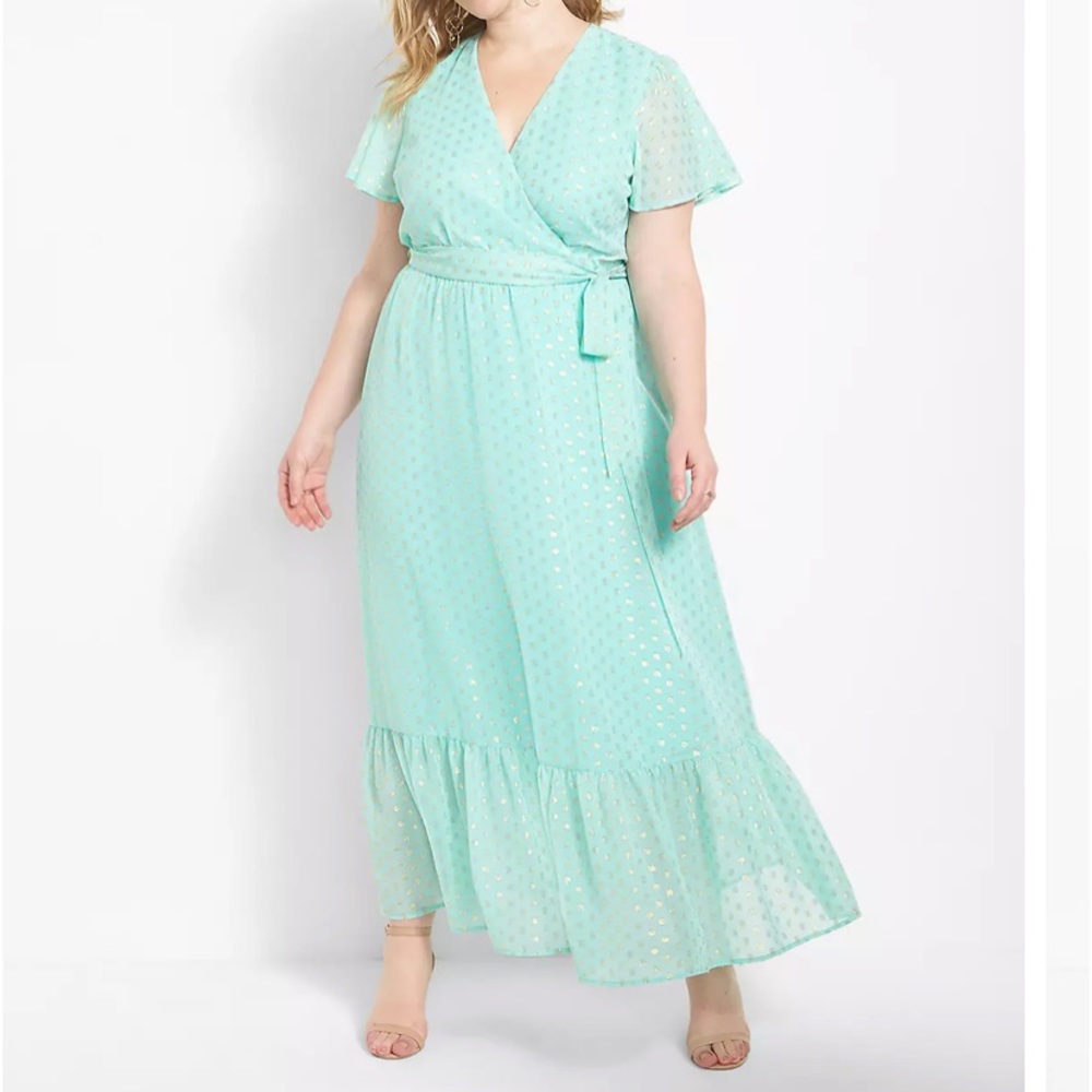 Flutter-Sleeve Foil Dot Chiffon Maxi Dress